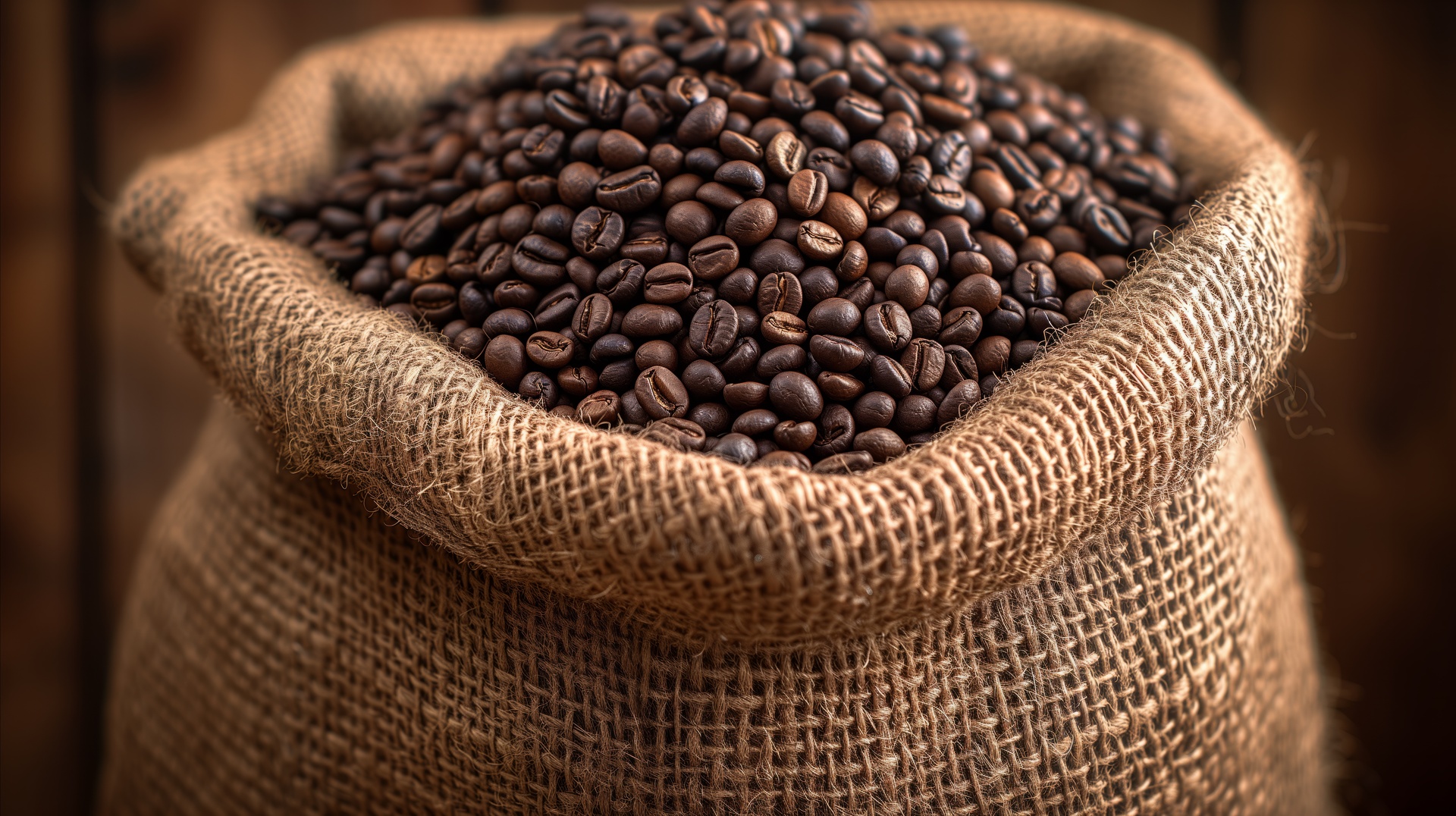 a sack of coffee beans on wooden table