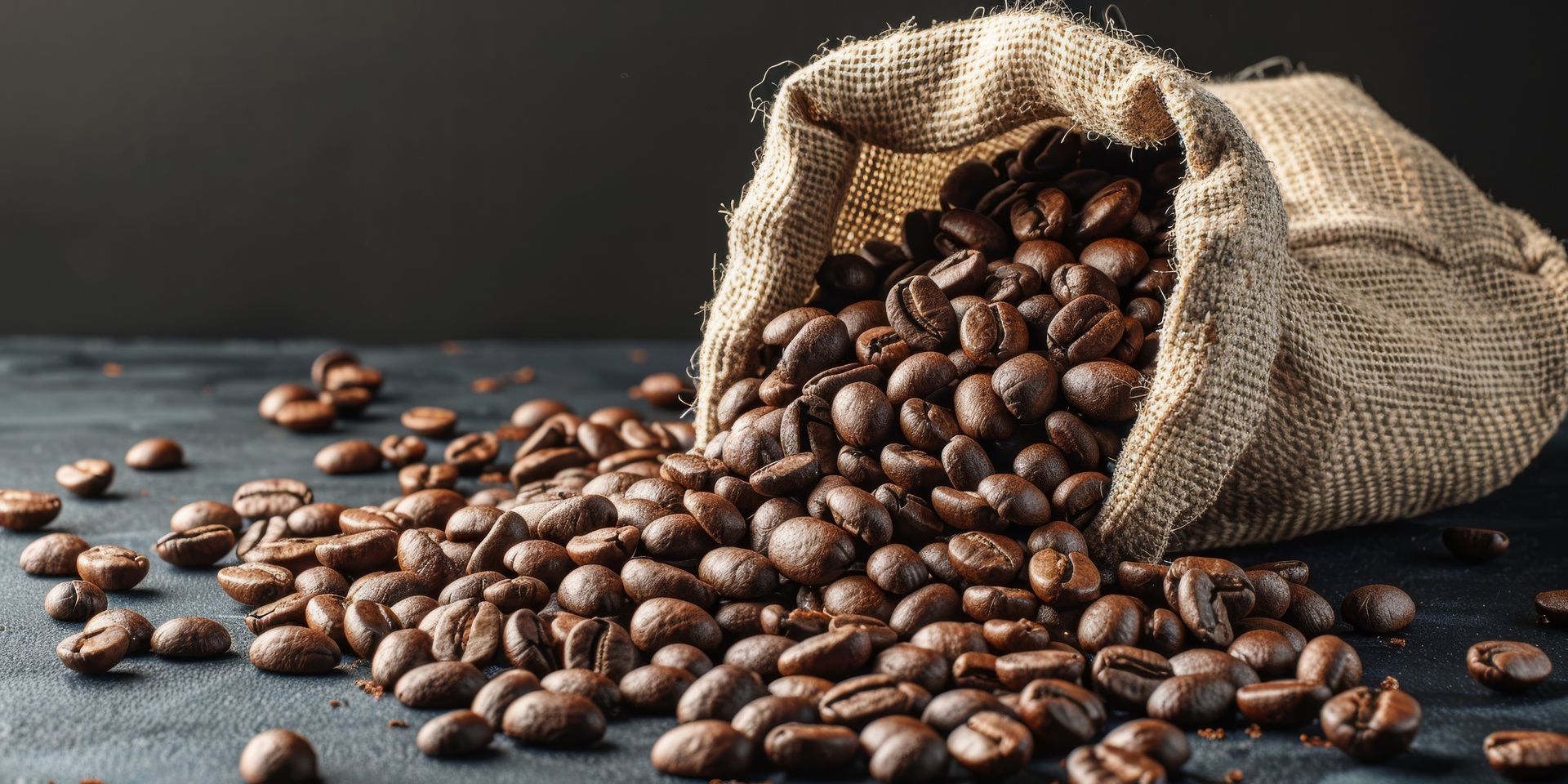 freshly roasted coffee beans spilling from a burlap sack, with a rich aroma and enticing texture